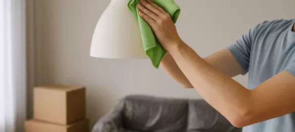 person torkar en taklampa med mikrofiberduk vid flyttstädning